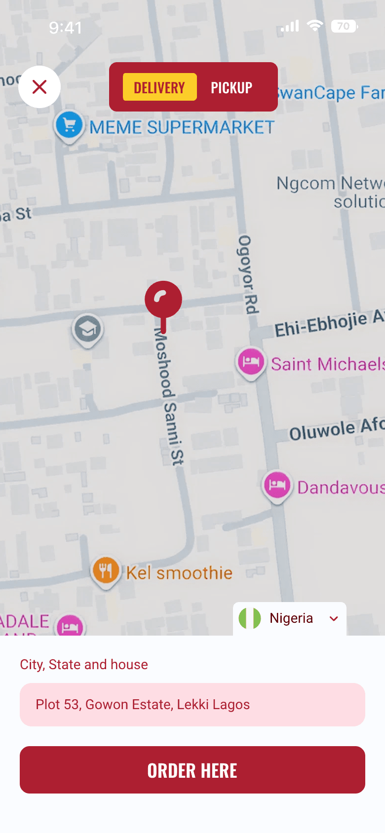 Cold Stone ordering app — delivery address screen with country selection