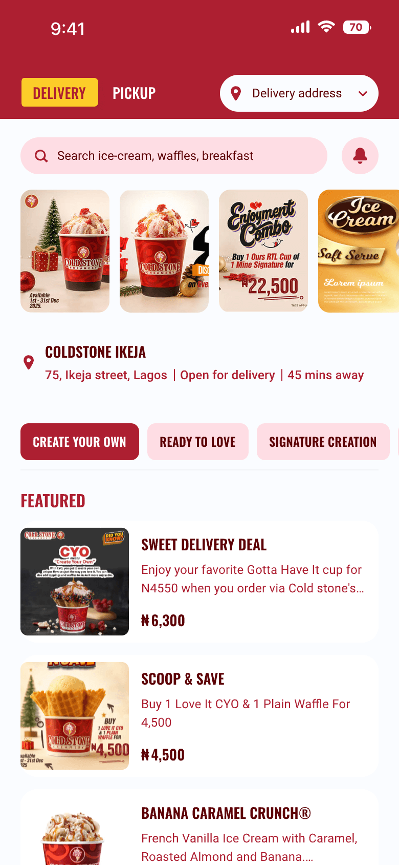 Cold Stone ordering app — home screen with featured deals